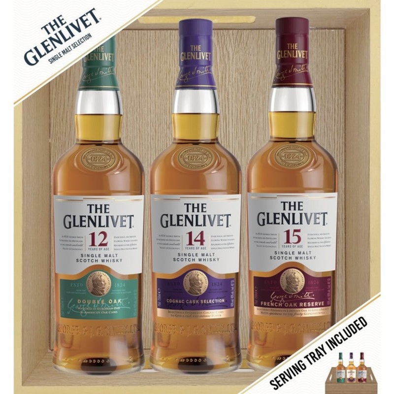THE GLENLIVET SINGLE MALT SCOTCH COMBO 1 EACH COGNAC CASK 14YR 80, FRENCH OAK 15YR 80 & 12YR 80 750ML