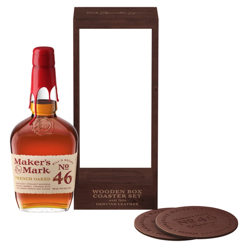 MAKER'S 46 STRAIGHT BOURBON 94 W/ WOOD BOX WITH 2 LEATHER COASTERS 750ML
