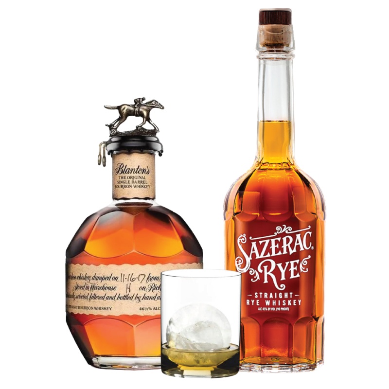 Blanton's Single Barrel Bourbon, Sazerac Rye Whiskey, Clear Whisky Tumbler Package