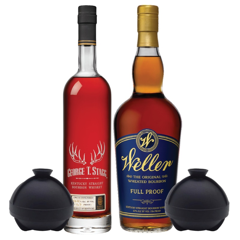 George T. Stagg Bourbon, W.L. Weller Full Proof Bourbon and 2 Sphere Ice Ball Mold Package