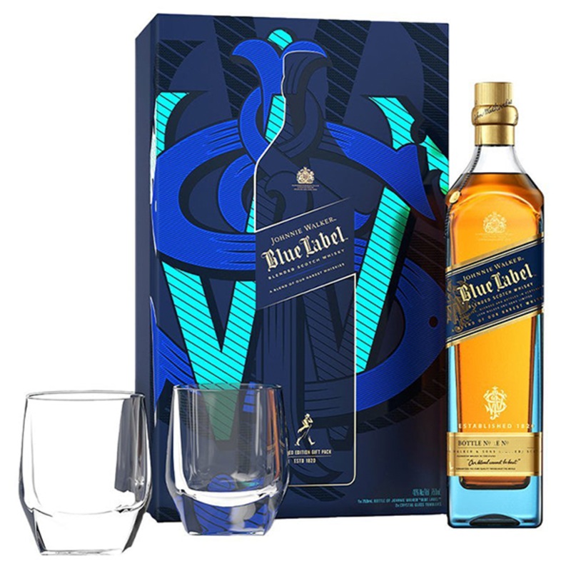 Johnnie Walker Blue Label Blended Scotch Whisky With Two Crystal Glasses