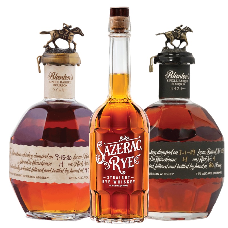 Blanton's Red Edition Bourbon, Blanton's Single Barrel Black Label, Sazerac Rye Whiskey Package