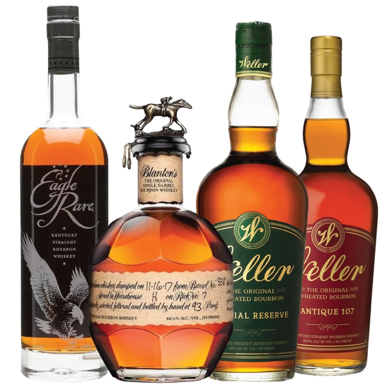 Blanton's Single Barrel, Weller Special Reserve, Weller Antique 107, and Eagle rare Bundle