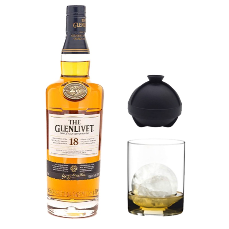 Glenlivet 18 Year Scotch, Clear Whisky Tumbler, Sphere Ice Ball Mold  Bundle