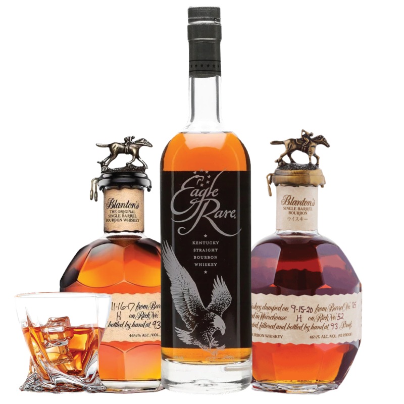 One Eagle Rare, one Blanton Red, One Blanton Single Barrel, and One Whiskey Glass  Bundle