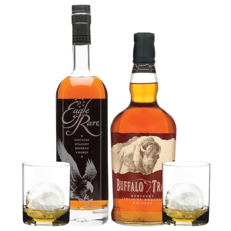 One Eagle Rare, one Buffalo Trace, and two Whiskey Tumblers  Bundle