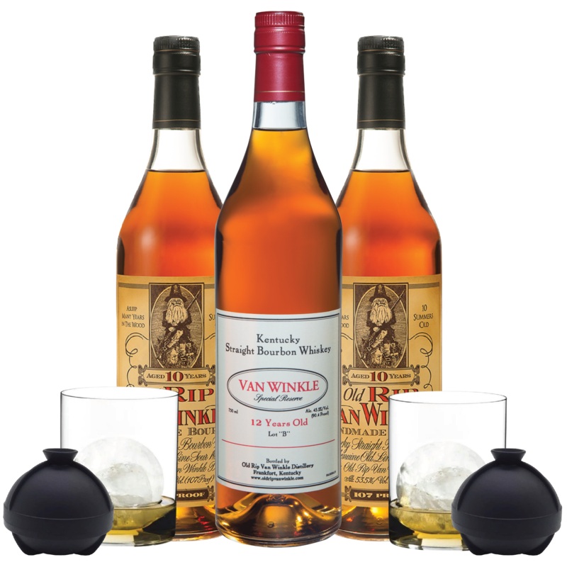 Two Pappy Van Winkles 10, one 12 Year Old Package, two whiskey tumblers, and two ice molds