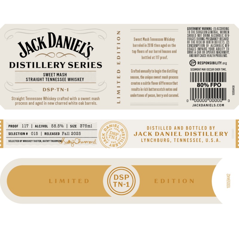 Jack Daniels Distillery Series Sweet Mash Straight Tennessee Whiskey DSP-TN-1 375mL