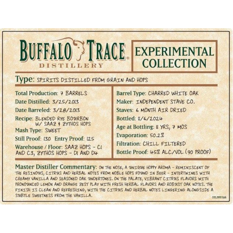 Buffalo Trace Experimental Collection Spirits Distilled from Grain and Hops
