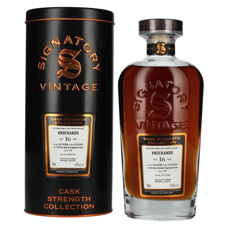 Signatory Vintage KNOCKANDO 16 Years Old 1st Fill PX Hogshead Cask Strength #102 2008 51% Vol. 0,7l in Tinbox