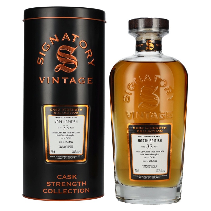 Signatory Vintage NORTH BRITISH 33 Years Old Refill Oloroso Cask Strength #262087 1991 53,2% Vol. 0,7l in Tinbox