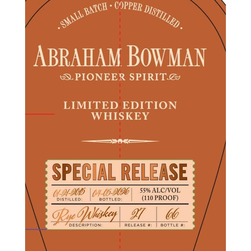 Abraham Bowman Pioneer Spirit Limited Edition Rye Whiskey Batch 27