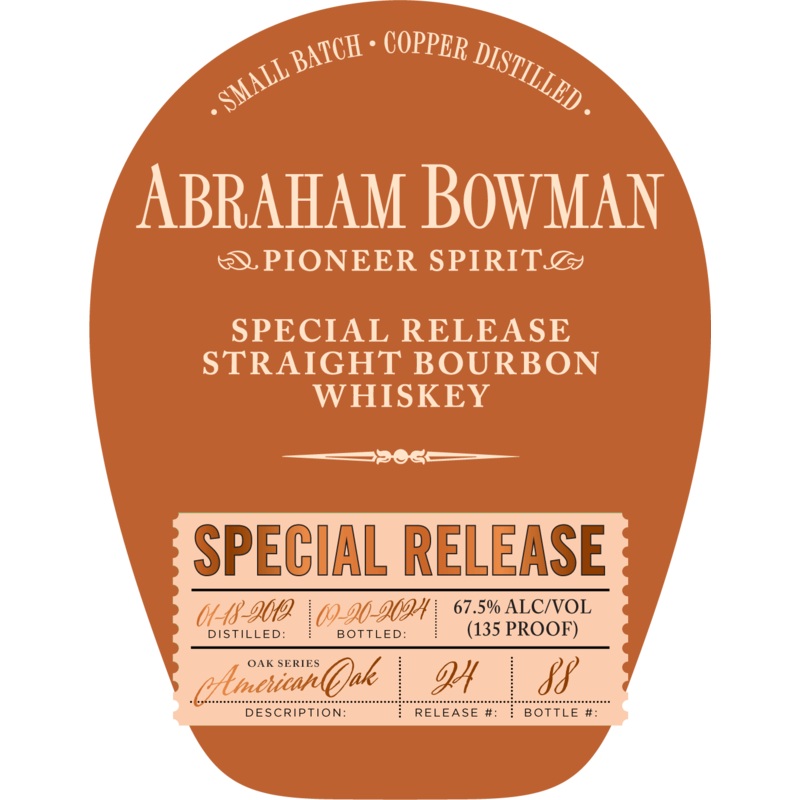Abraham Bowman Special Release Straight Bourbon Whiskey - American Oak Series Batch 24