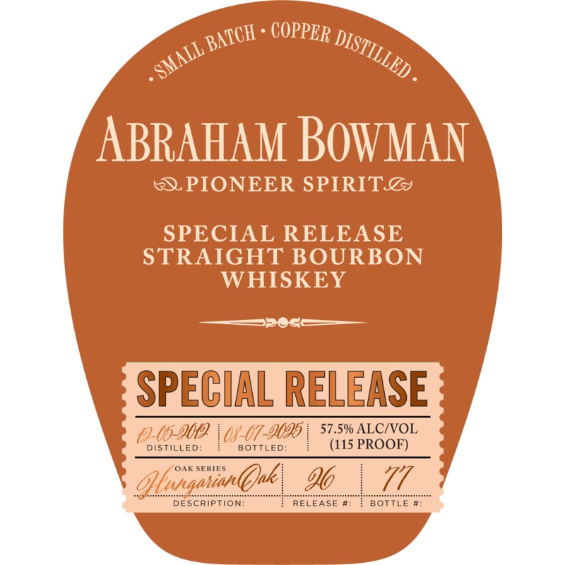 Abraham Bowman Special Release Straight Bourbon Whiskey - Hungarian Oak Series Batch 26