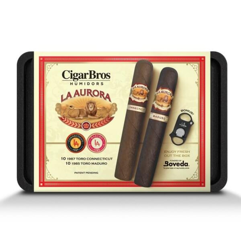 La Aurora 20 Premium Cigars Set & Cutter + Personal Humidor by CigarBros